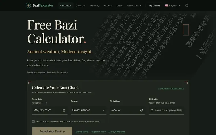 Screenshot of the BaziCalculator.ai homepage