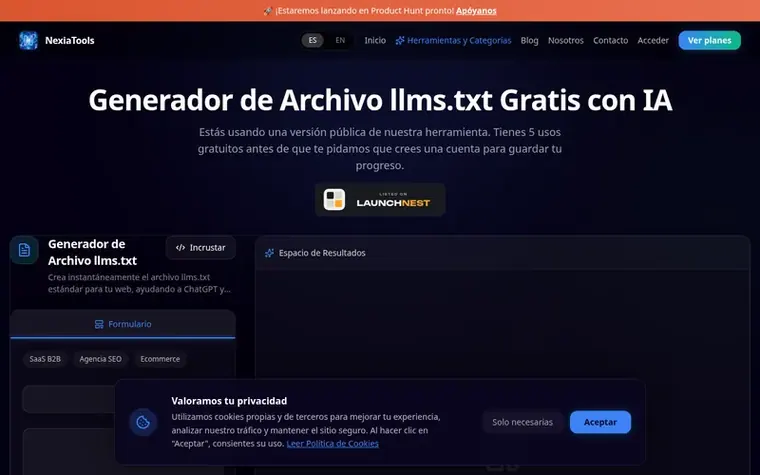 Screenshot of the NexiaTools homepage