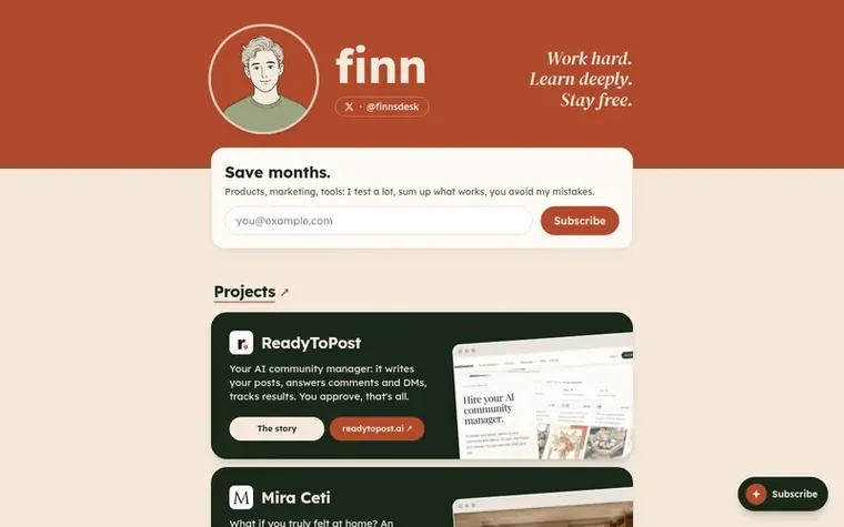 Screenshot of the Finn Garden homepage