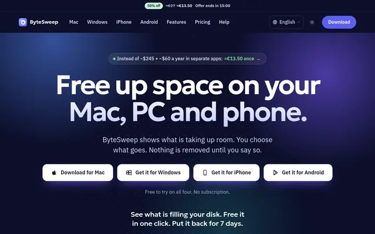 Screenshot of the ByteSweep homepage