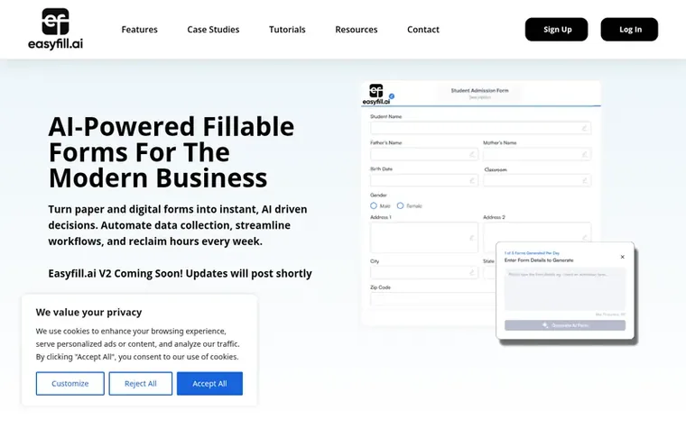 Screenshot of the EasyFill.ai homepage
