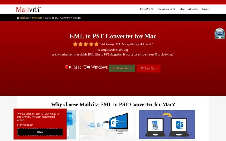 Screenshot of the Mailvita EML to PST Converter for Mac homepage