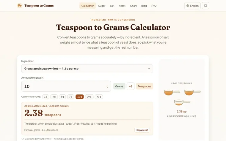 Screenshot of the Teaspoon to Grams Calculator homepage