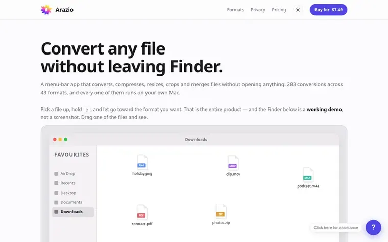 Screenshot of the Arazio homepage