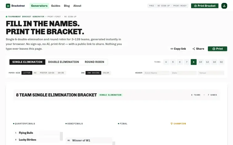 Screenshot of the Bracketree homepage