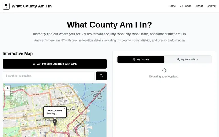 Screenshot of the What County Am I In homepage