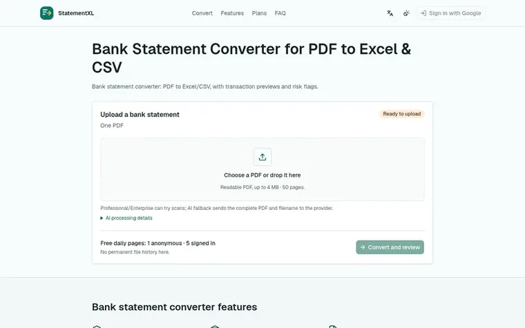 Screenshot of the StatementXL homepage