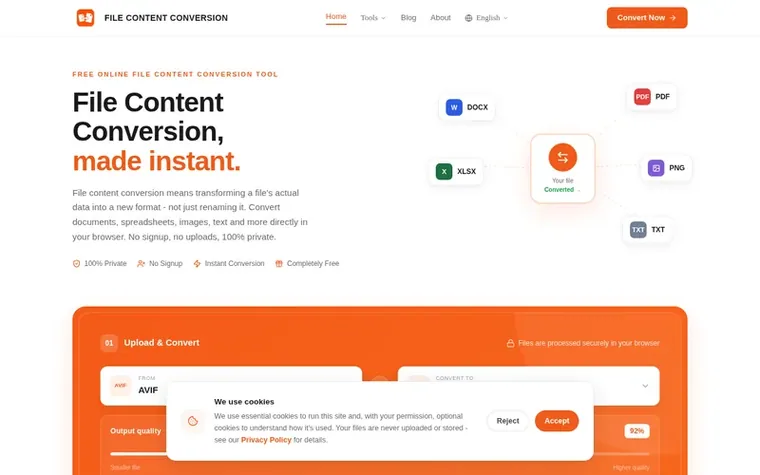 Screenshot of the File Content Conversion homepage