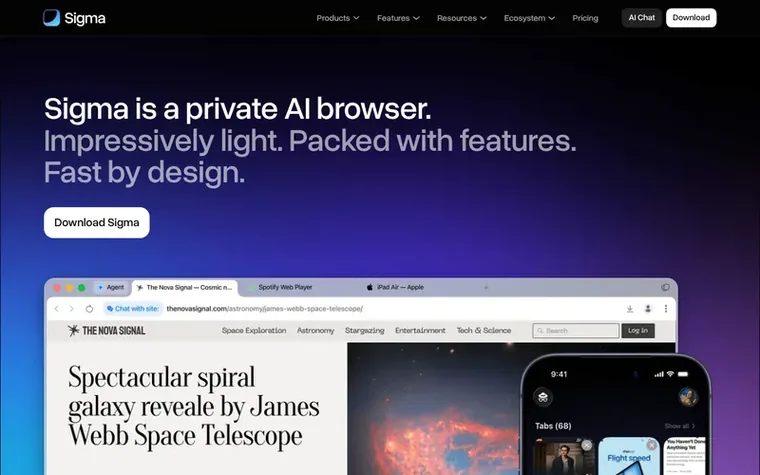 Screenshot of the Sigma Private AI Browser homepage