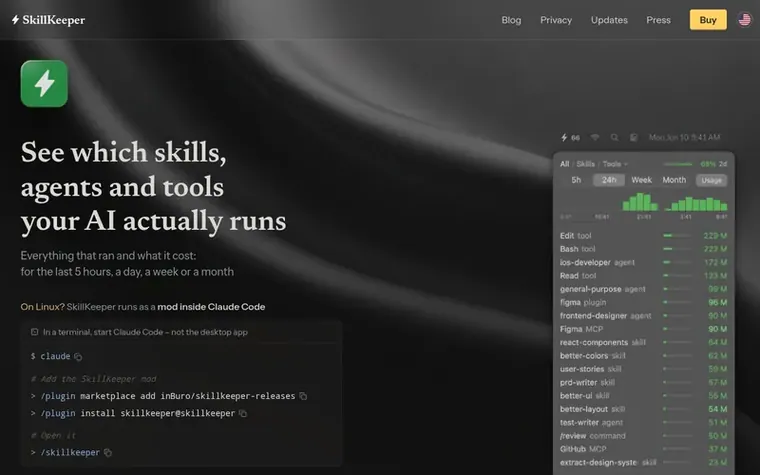Screenshot of the SkillKeeper homepage
