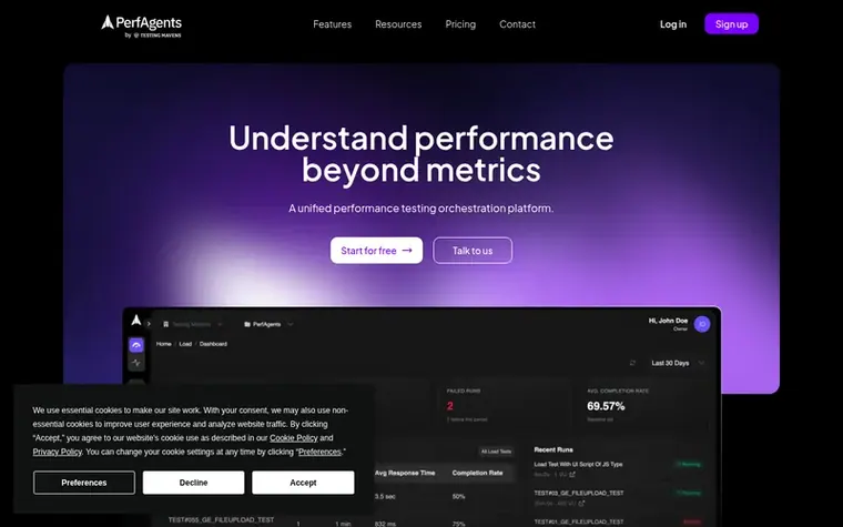 Screenshot of the PerfAgents homepage