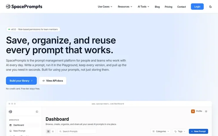 Screenshot of the SpacePrompts homepage