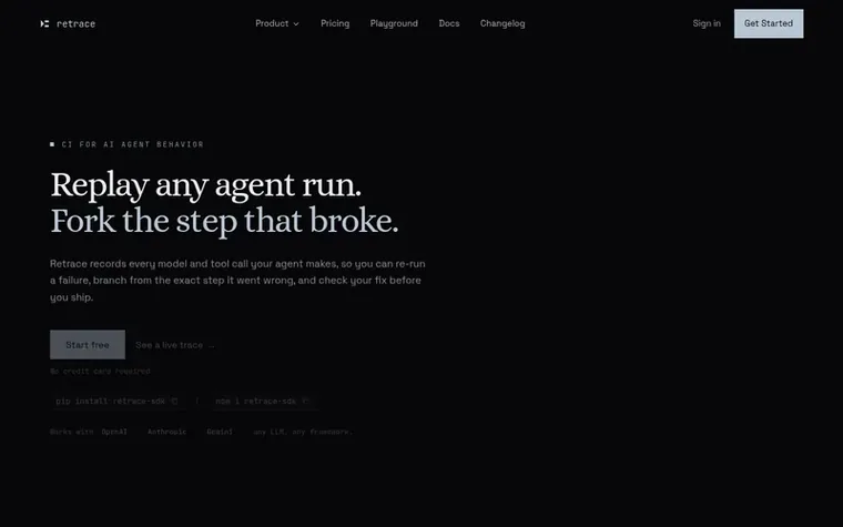 Screenshot of the Retrace homepage