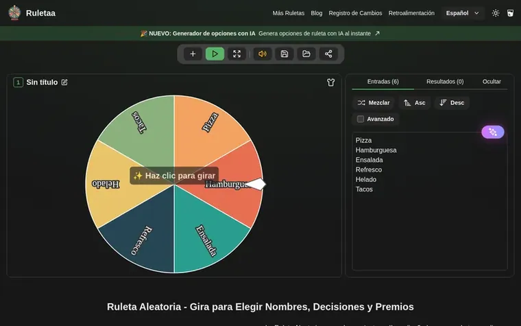 Screenshot of the Ruletaa homepage