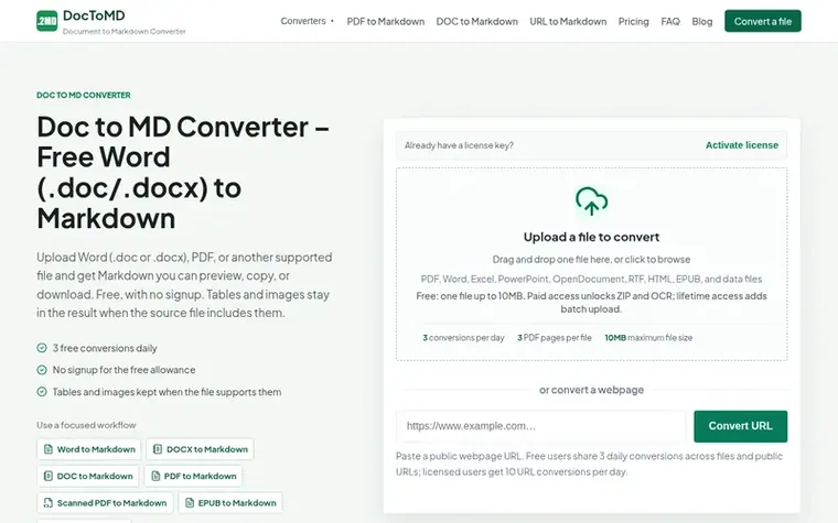 Screenshot of the DocToMD homepage