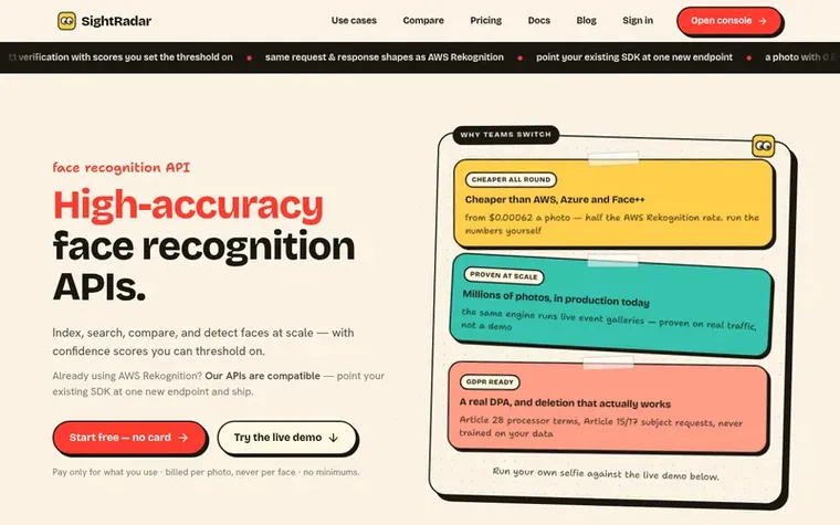 Screenshot of the SightRadar homepage