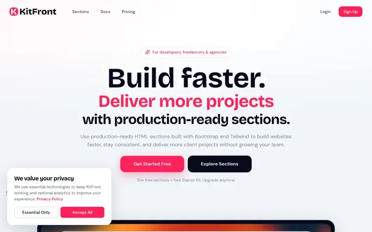 Screenshot of the KitFront homepage