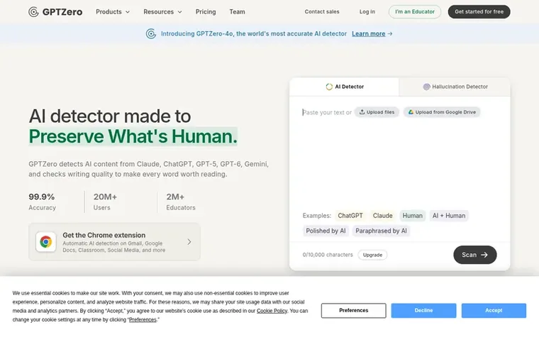 Screenshot of the GPTZero homepage