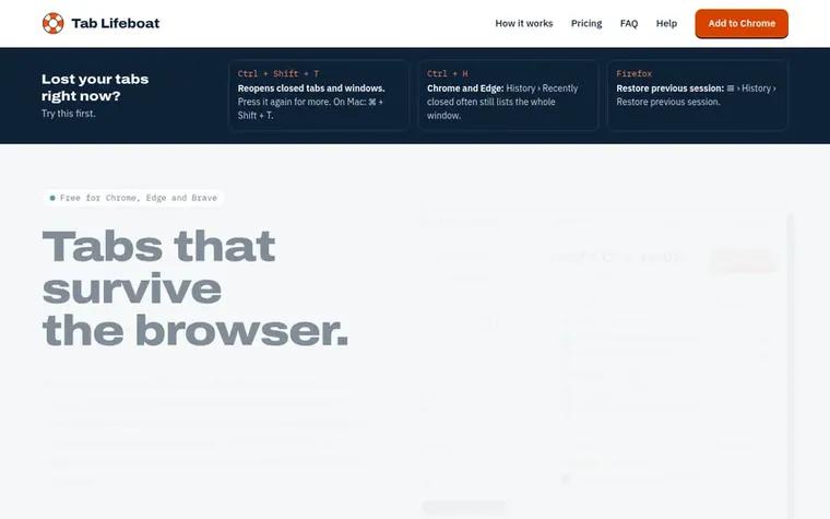 Screenshot of the Tab Lifeboat homepage
