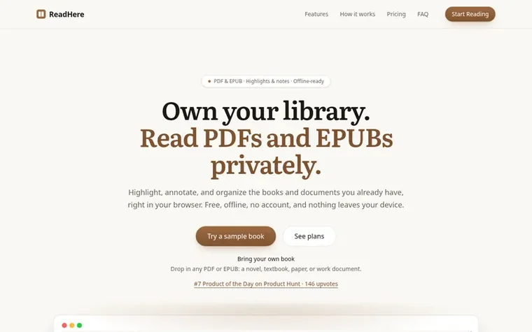 Screenshot of the ReadHere homepage