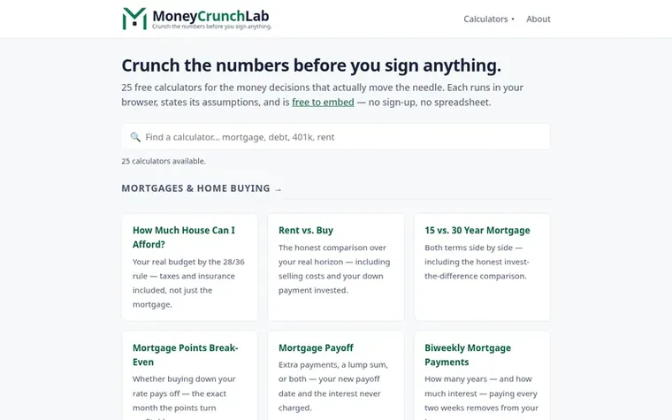Screenshot of the MoneyCrunchLab homepage