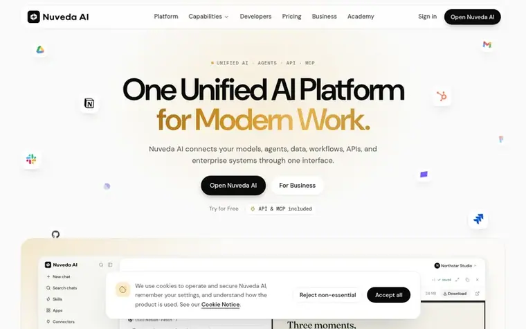 Screenshot of the Nuveda AI homepage