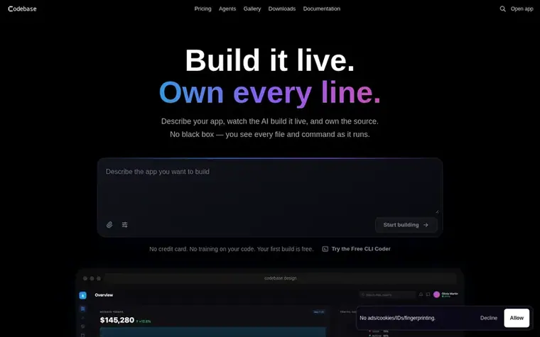 Screenshot of the Codebase homepage