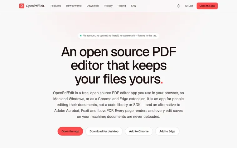 Screenshot of the OpenPdfEdit homepage