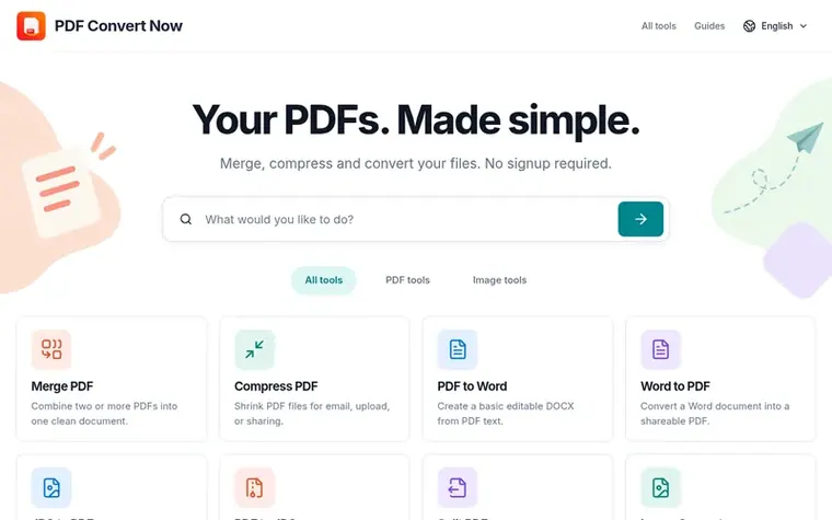 Screenshot of the PDF Convert Now homepage
