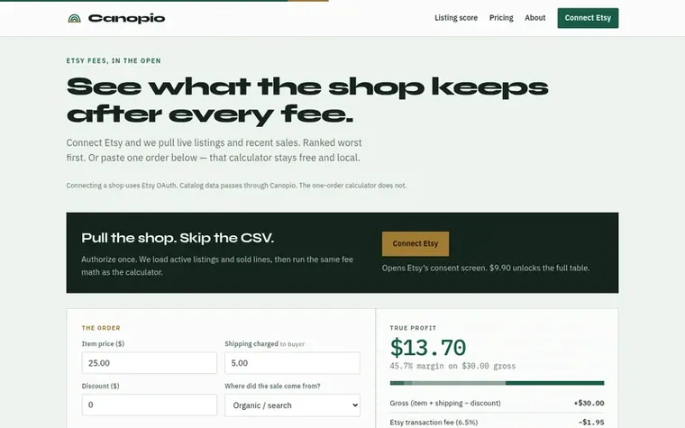 Screenshot of the Canopio homepage