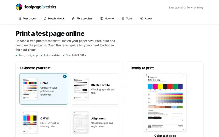 Screenshot of the testpageforprinter homepage