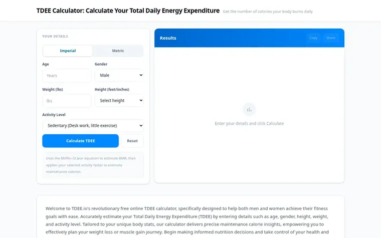 Screenshot of the TDEE Calculator homepage