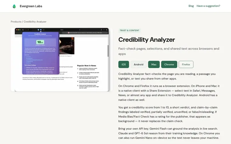Screenshot of the Credibility Analyzer homepage