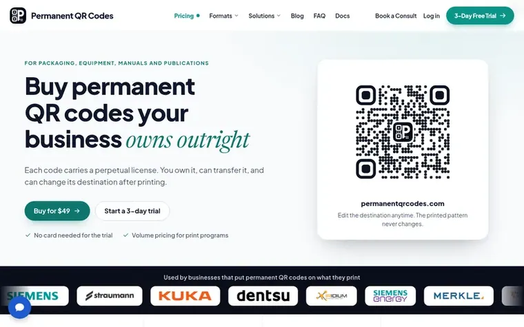 Screenshot of the Permanent QR Codes homepage