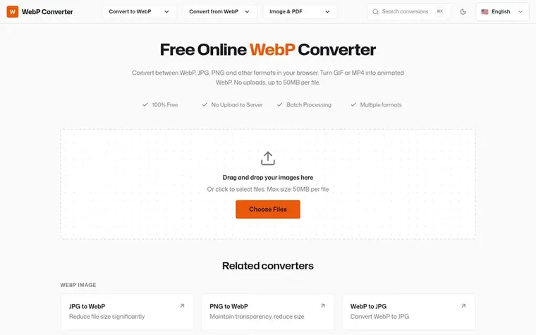 Screenshot of the WebP Converter homepage