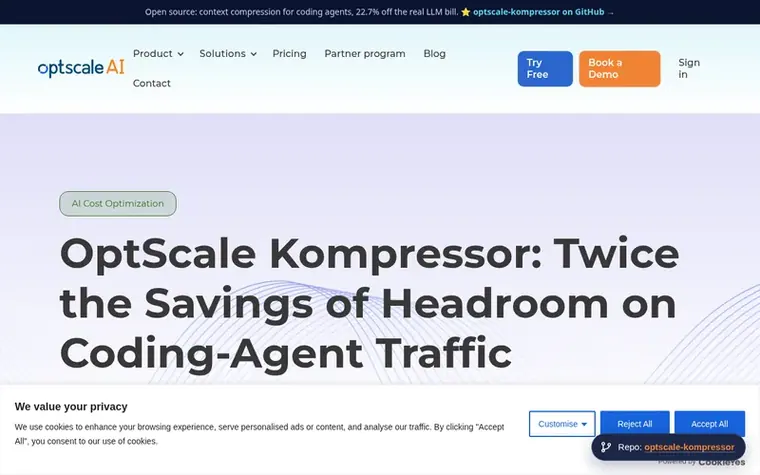 Screenshot of the OptScale AI homepage