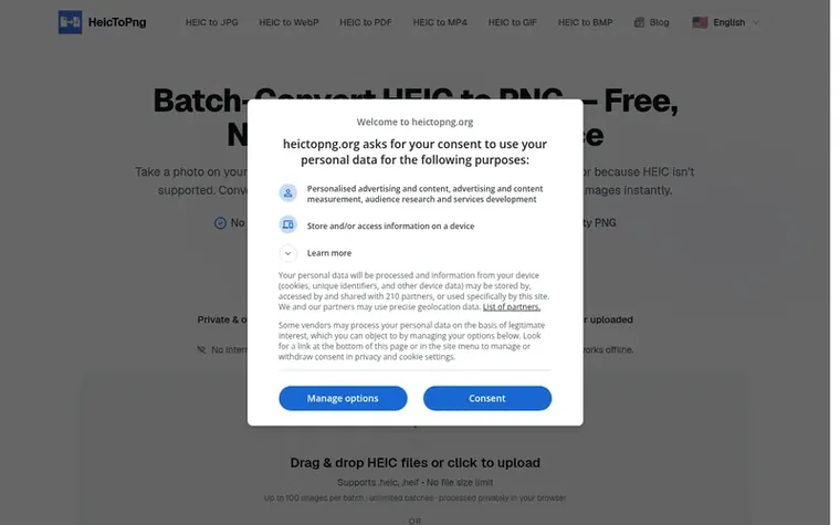 Screenshot of the HeicToPng homepage