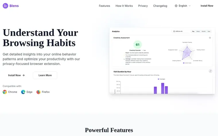 Screenshot of the Blens homepage