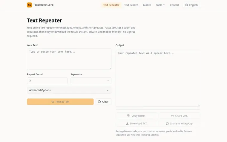 Screenshot of the TextRepeat.org homepage