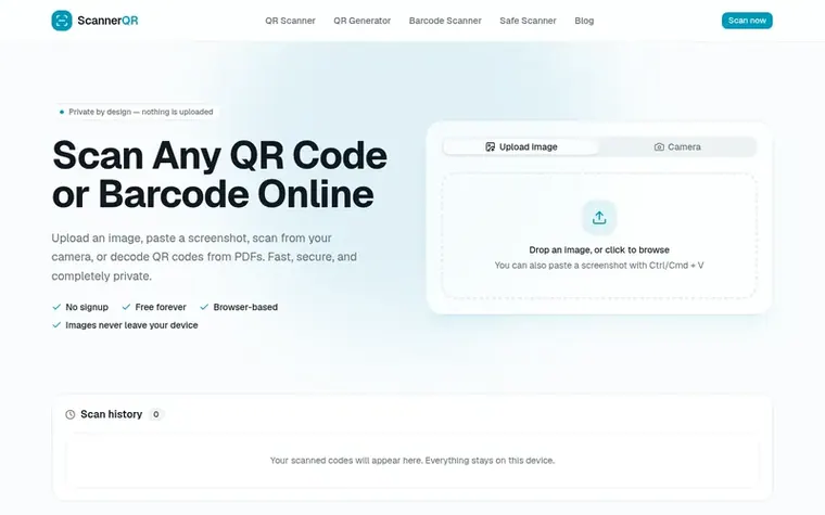 Screenshot of the ScannerQR homepage