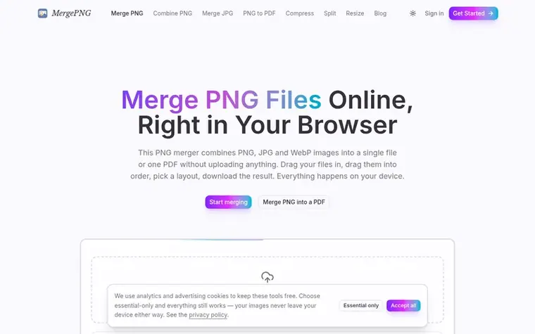 Screenshot of the MergePNG homepage