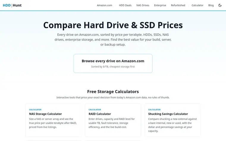 Screenshot of the HDDHunt homepage