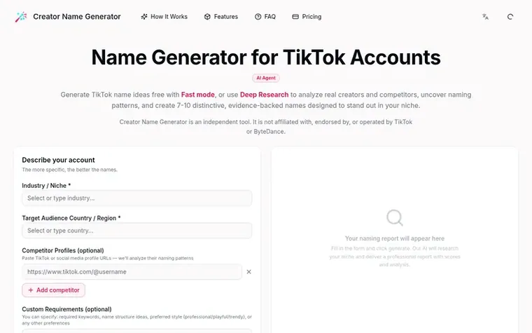 Screenshot of the Creator Name Generator homepage