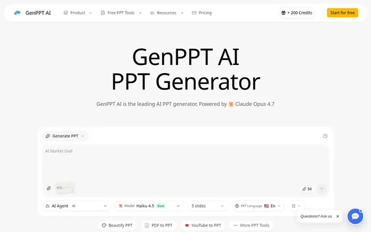 Screenshot of the GenPPT AI homepage