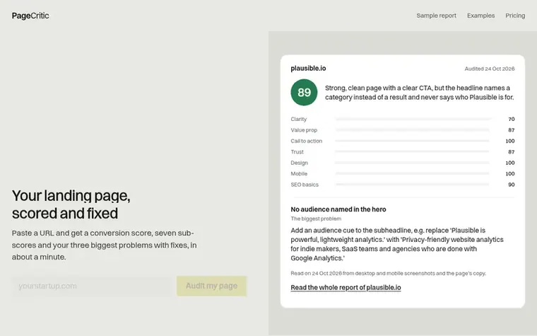 Screenshot of the PageCritic homepage