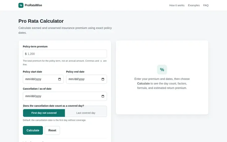 Screenshot of the ProRataWise homepage