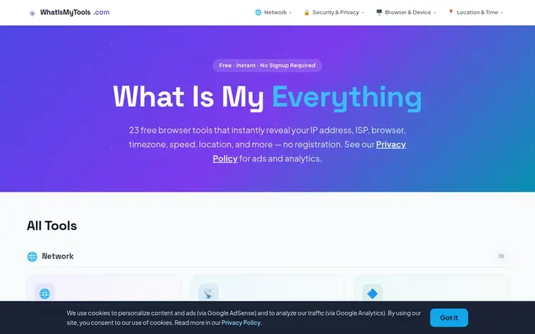 Screenshot of the WhatIsMyTools homepage