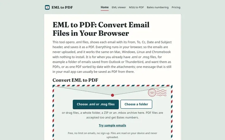 Screenshot of the EML to PDF homepage