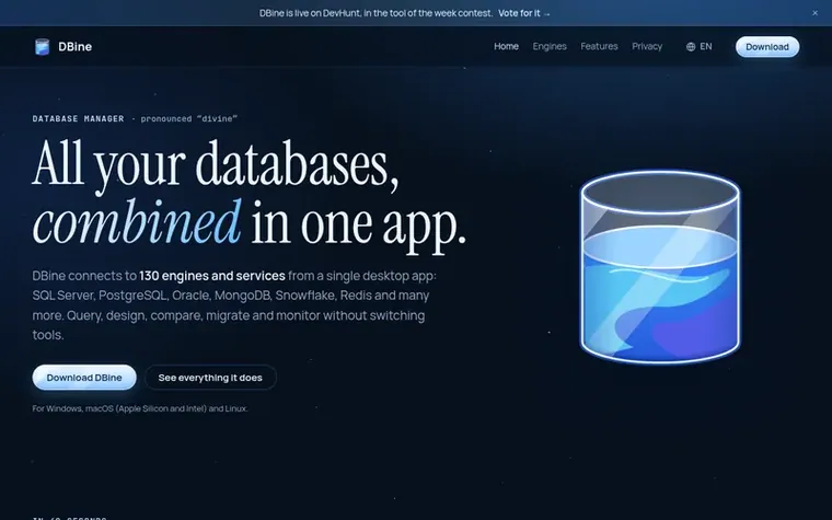 Screenshot of the DBine homepage