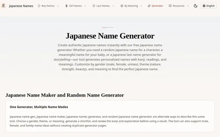Screenshot of the Japanese Names homepage